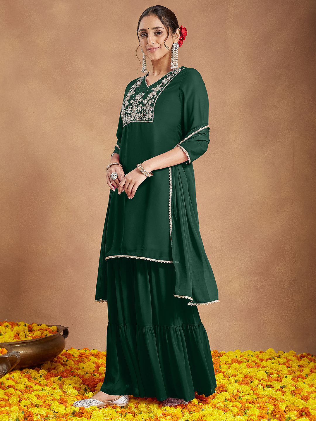 Ninnique Women's Dark Green Georgette Zari Embroidered Straight Kurta With Palazzo & Dupatta Set