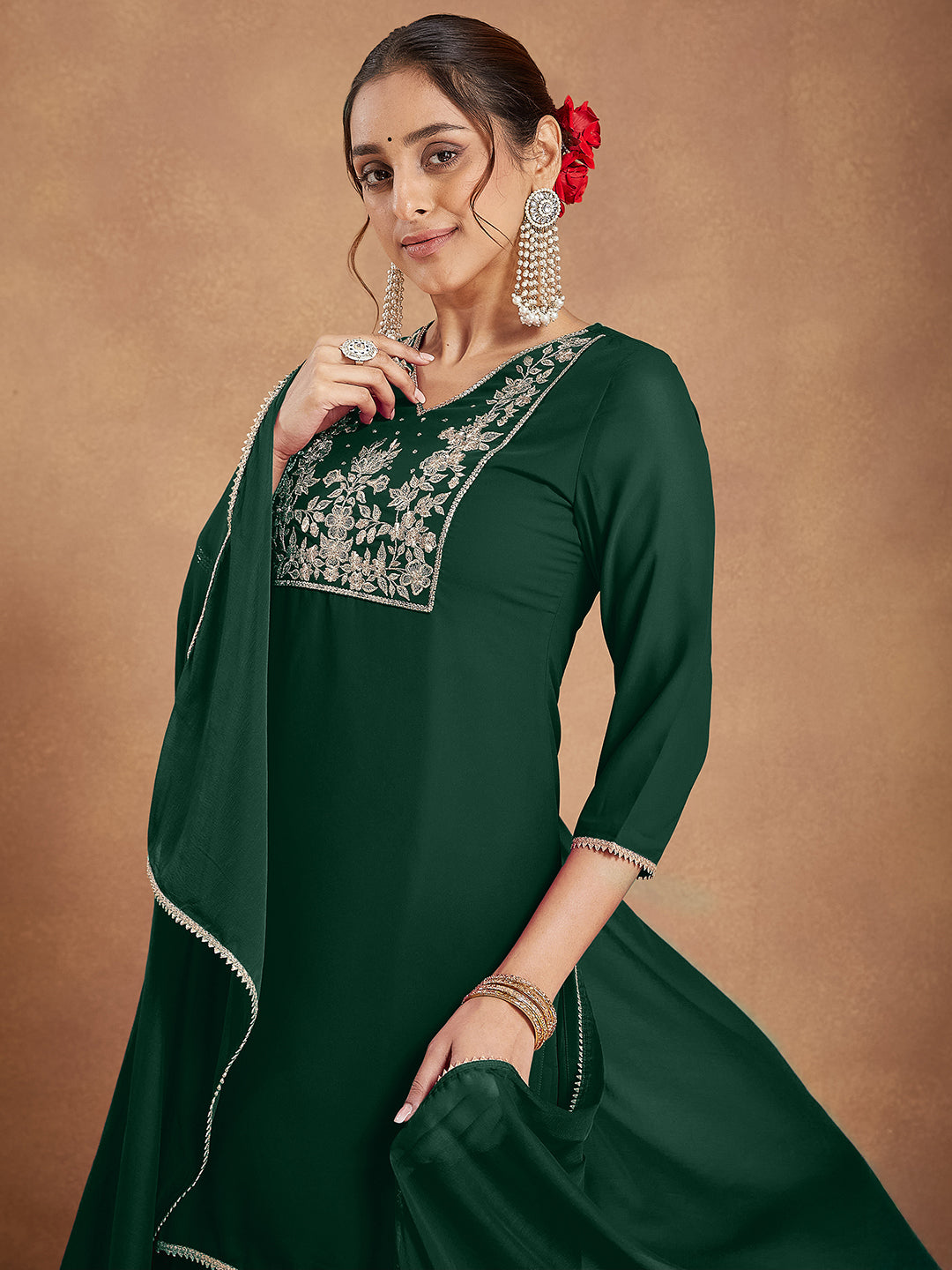 Ninnique Women's Dark Green Georgette Zari Embroidered Straight Kurta With Palazzo & Dupatta Set