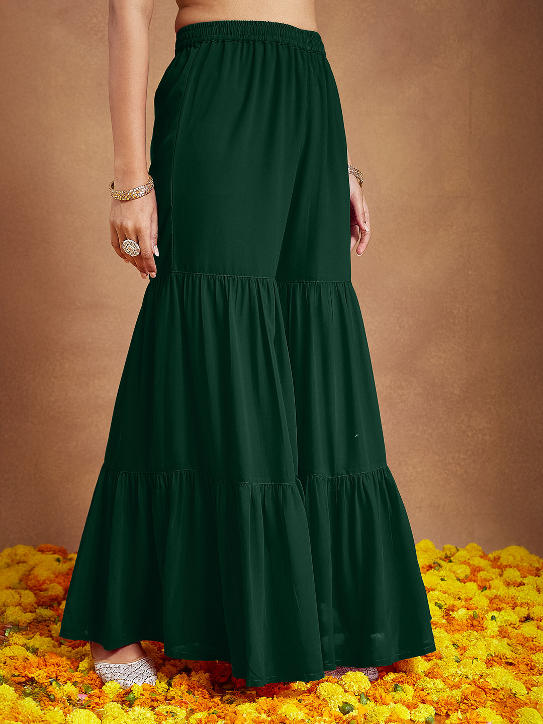 Ninnique Women's Dark Green Georgette Zari Embroidered Straight Kurta With Palazzo & Dupatta Set