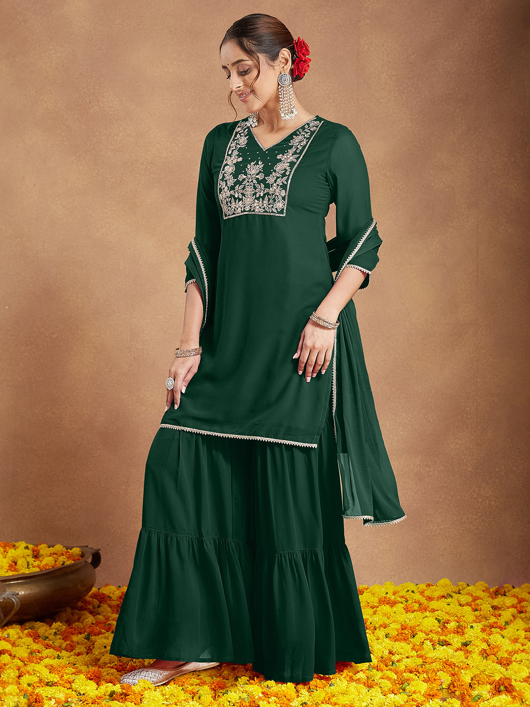 Ninnique Women's Dark Green Georgette Zari Embroidered Straight Kurta With Palazzo & Dupatta Set