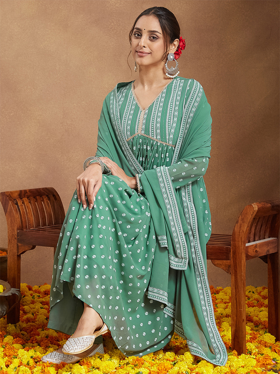 Ninnique Women's Sage Green Georgette Embellished Ethnic Motifs Printed A-line Kurta Set