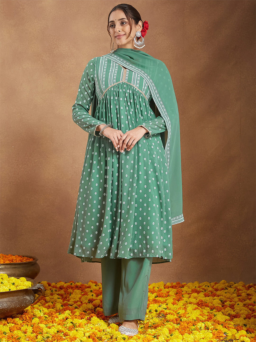 Ninnique Women's Sage Green Georgette Embellished Ethnic Motifs Printed A-line Kurta Set