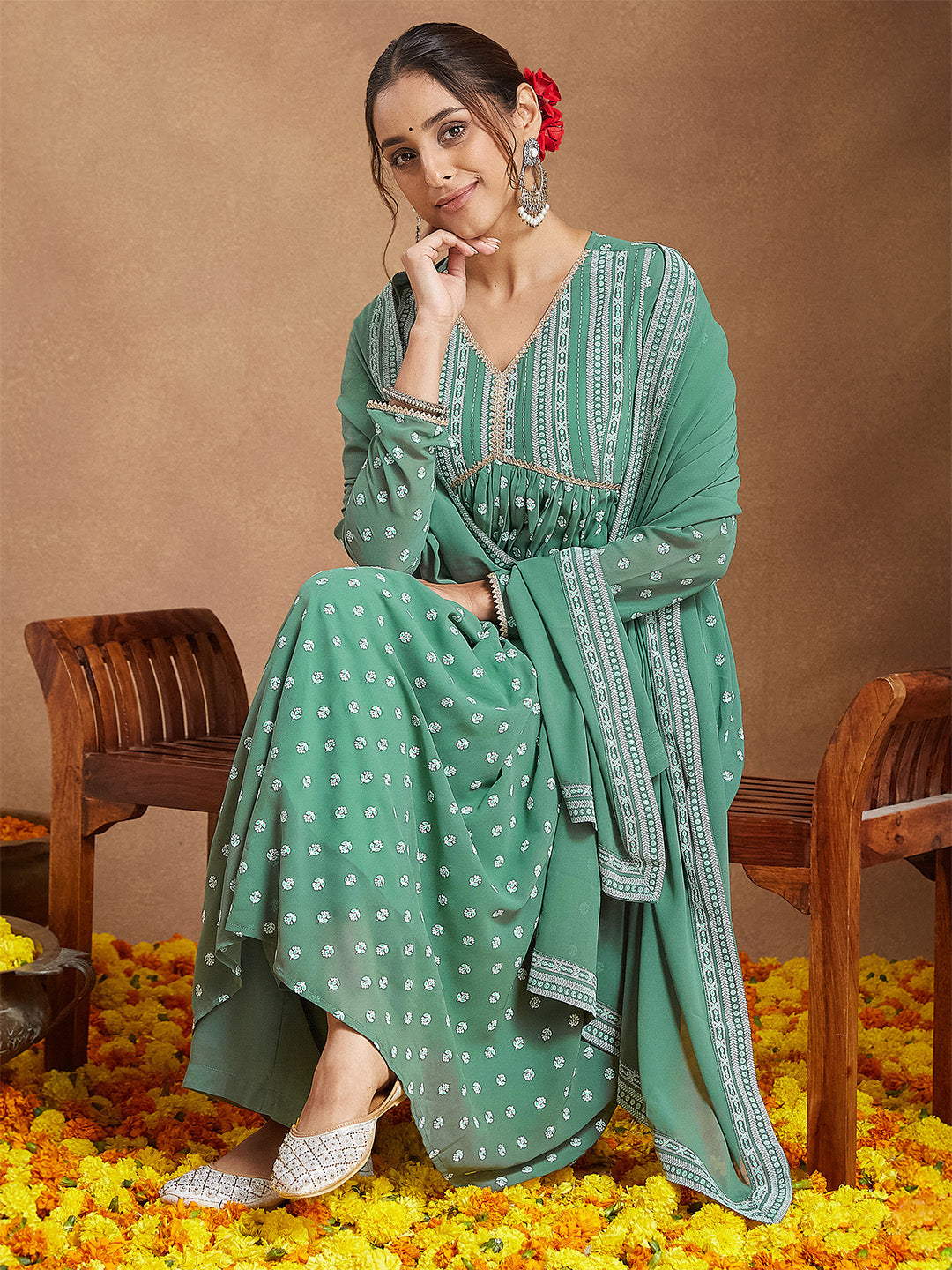 Ninnique Women's Sage Green Georgette Embellished Ethnic Motifs Printed A-line Kurta Set