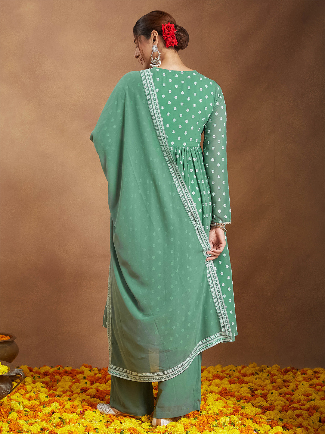Ninnique Women's Sage Green Georgette Embellished Ethnic Motifs Printed A-line Kurta Set