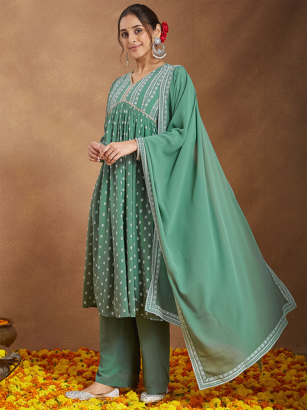 Ninnique Women's Sage Green Georgette Embellished Ethnic Motifs Printed A-line Kurta Set