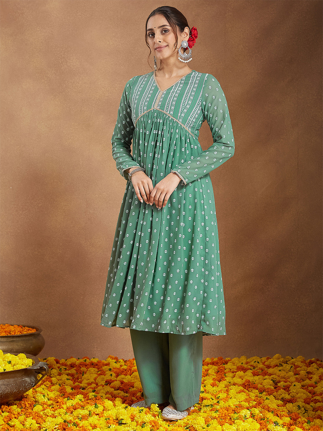 Ninnique Women's Sage Green Georgette Embellished Ethnic Motifs Printed A-line Kurta Set