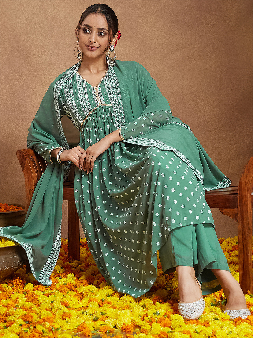 Ninnique Women's Sage Green Georgette Embellished Ethnic Motifs Printed A-line Kurta Set