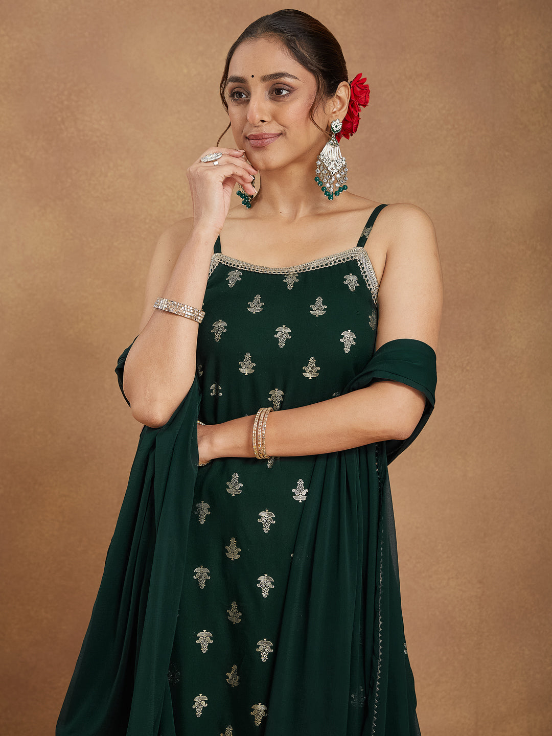 Ninnique Women's Dark Green Rayon Embellished Foil Printed Straight Kurta Set