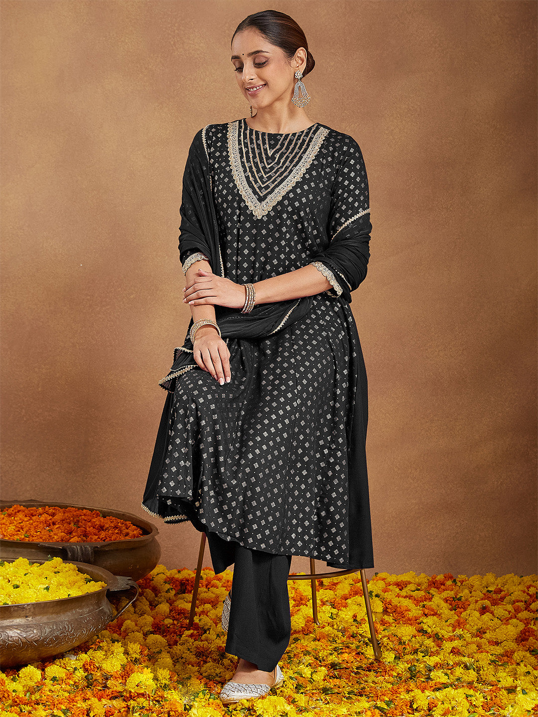 Ninnique Women's Black Rayon Foil Print & Embellished Anarkali Kurta Set