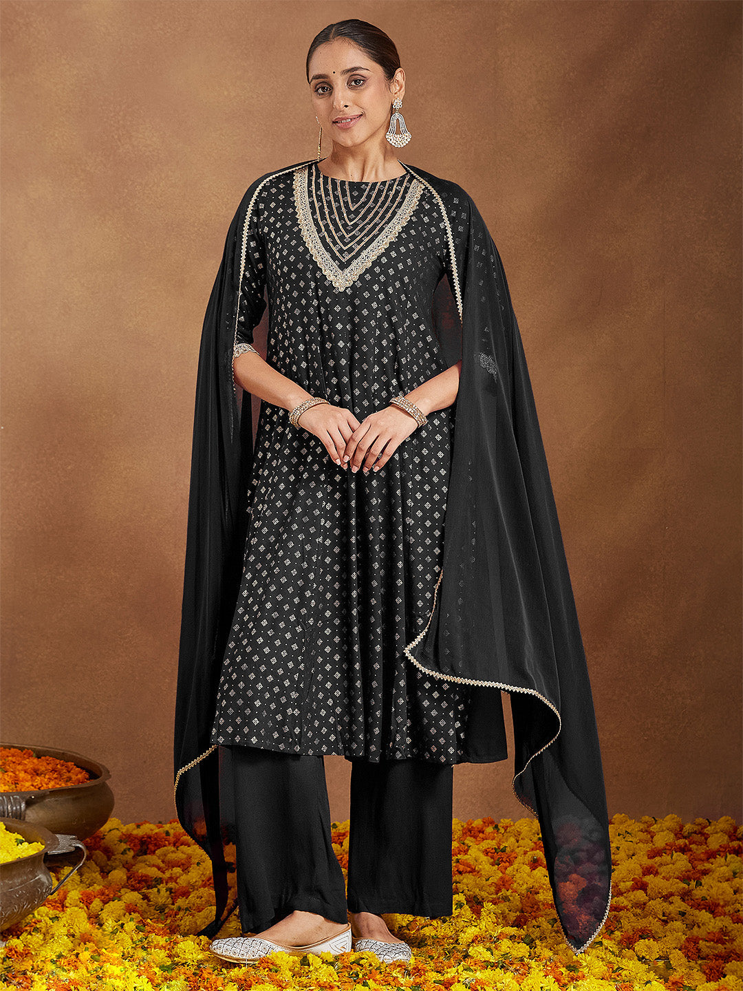 Ninnique Women's Black Rayon Foil Print & Embellished Anarkali Kurta Set