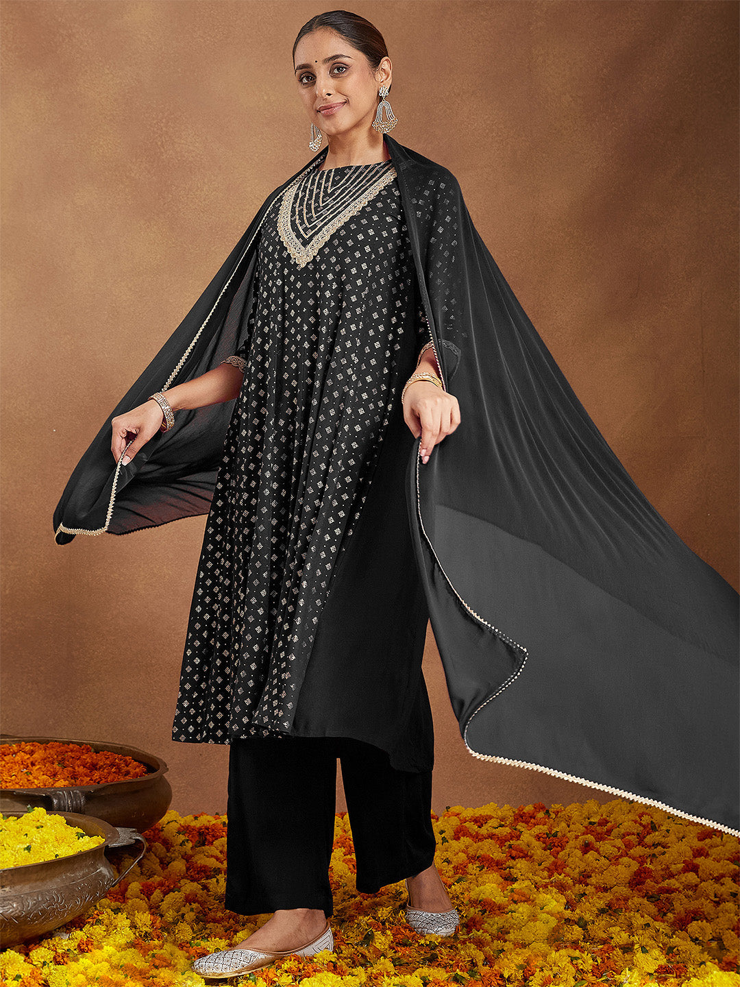 Ninnique Women's Black Rayon Foil Print & Embellished Anarkali Kurta Set