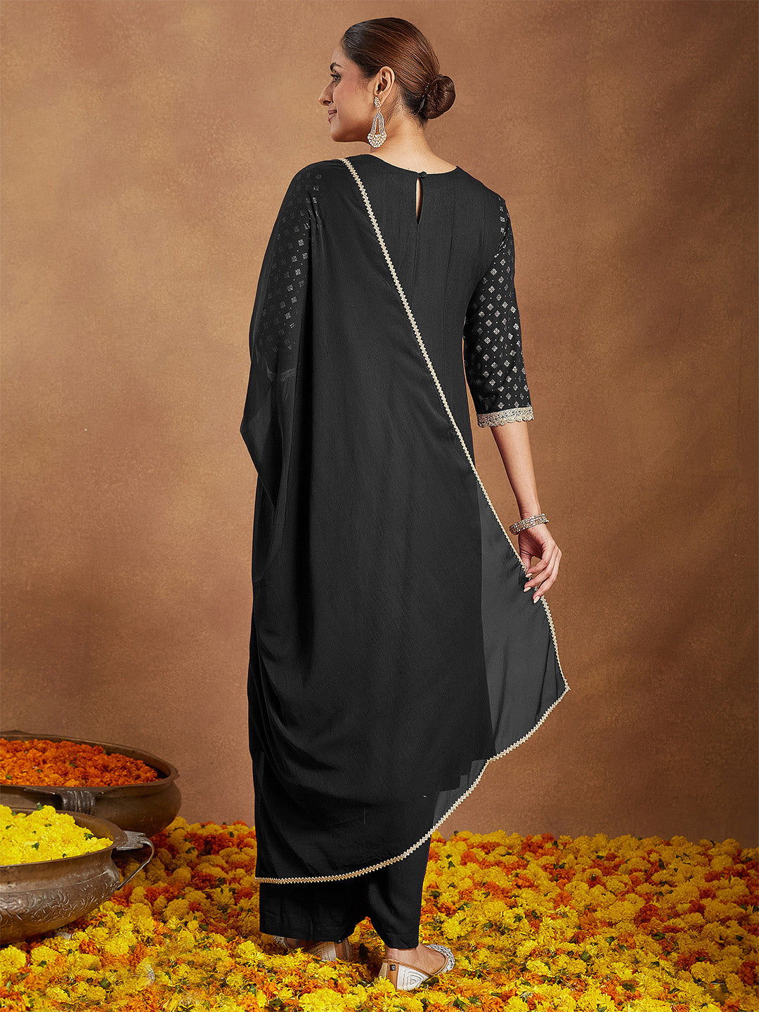 Ninnique Women's Black Rayon Foil Print & Embellished Anarkali Kurta Set