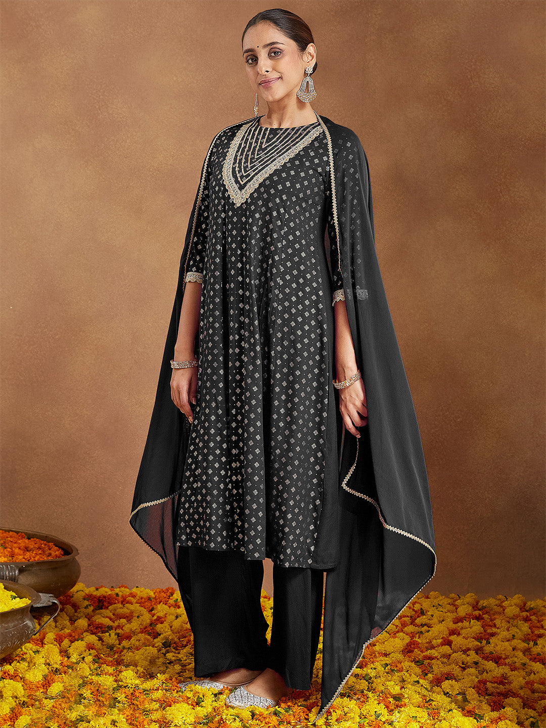 Ninnique Women's Black Rayon Foil Print & Embellished Anarkali Kurta Set