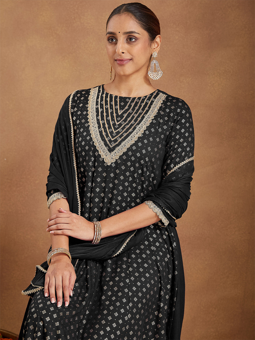 Ninnique Women's Black Rayon Foil Print & Embellished Anarkali Kurta Set