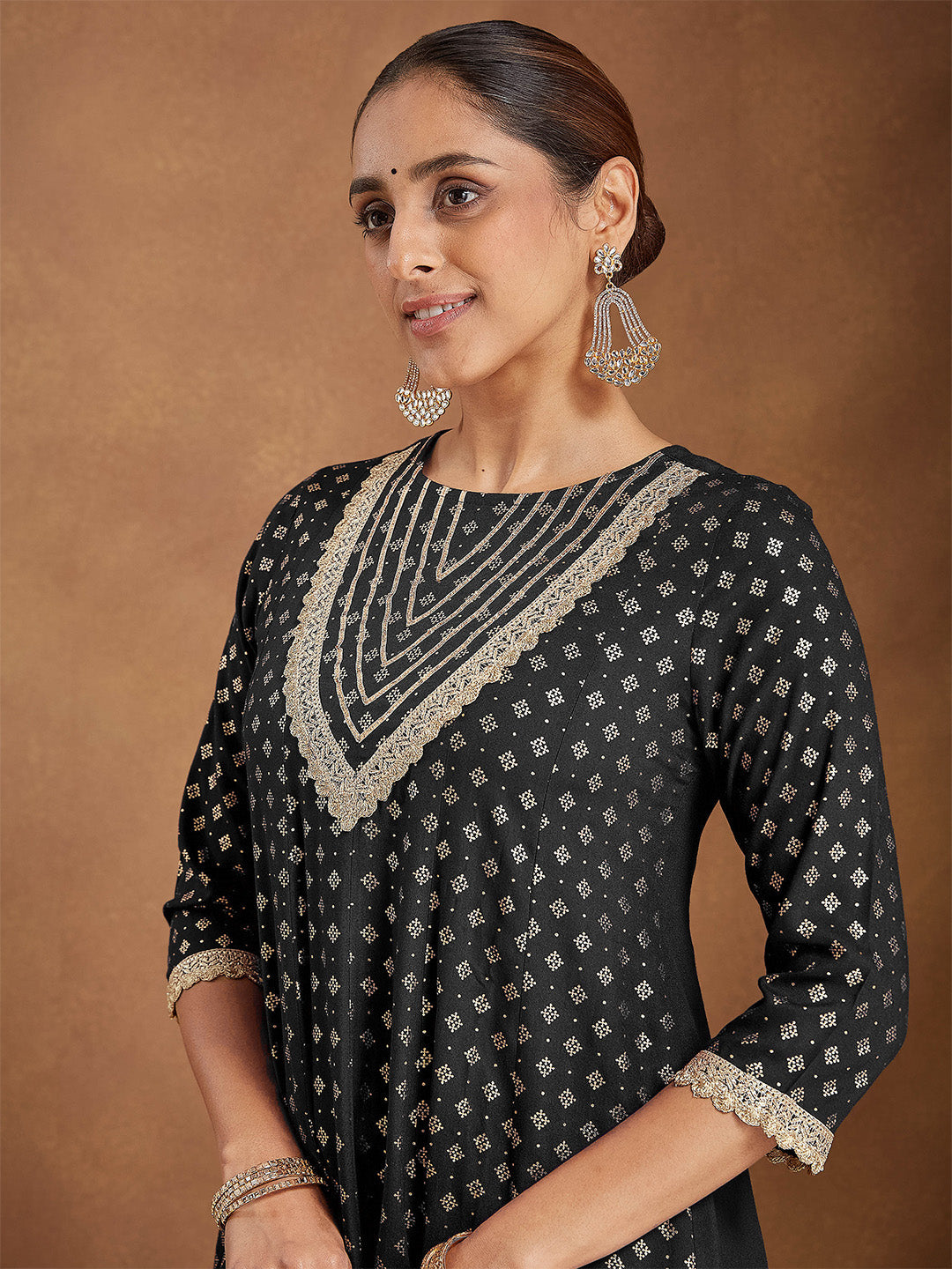 Ninnique Women's Black Rayon Foil Print & Embellished Anarkali Kurta Set