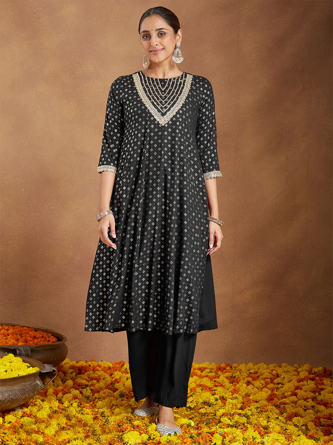 Ninnique Women's Black Rayon Foil Print & Embellished Anarkali Kurta Set