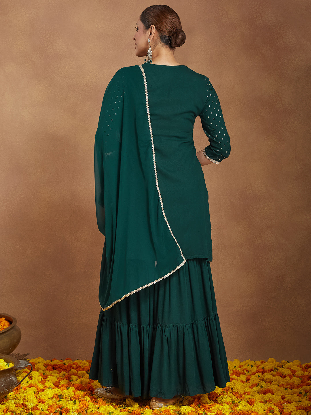 Ninnique Women's Dark Green Rayon Embellished Foil Printed Kurta With Sharara & Dupatta Set