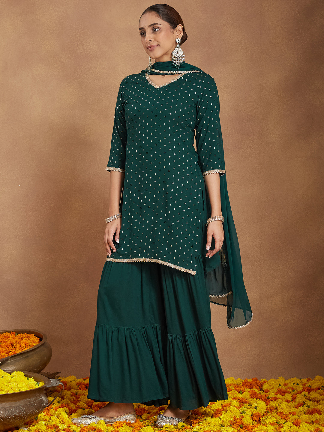 Ninnique Women's Dark Green Rayon Embellished Foil Printed Kurta With Sharara & Dupatta Set