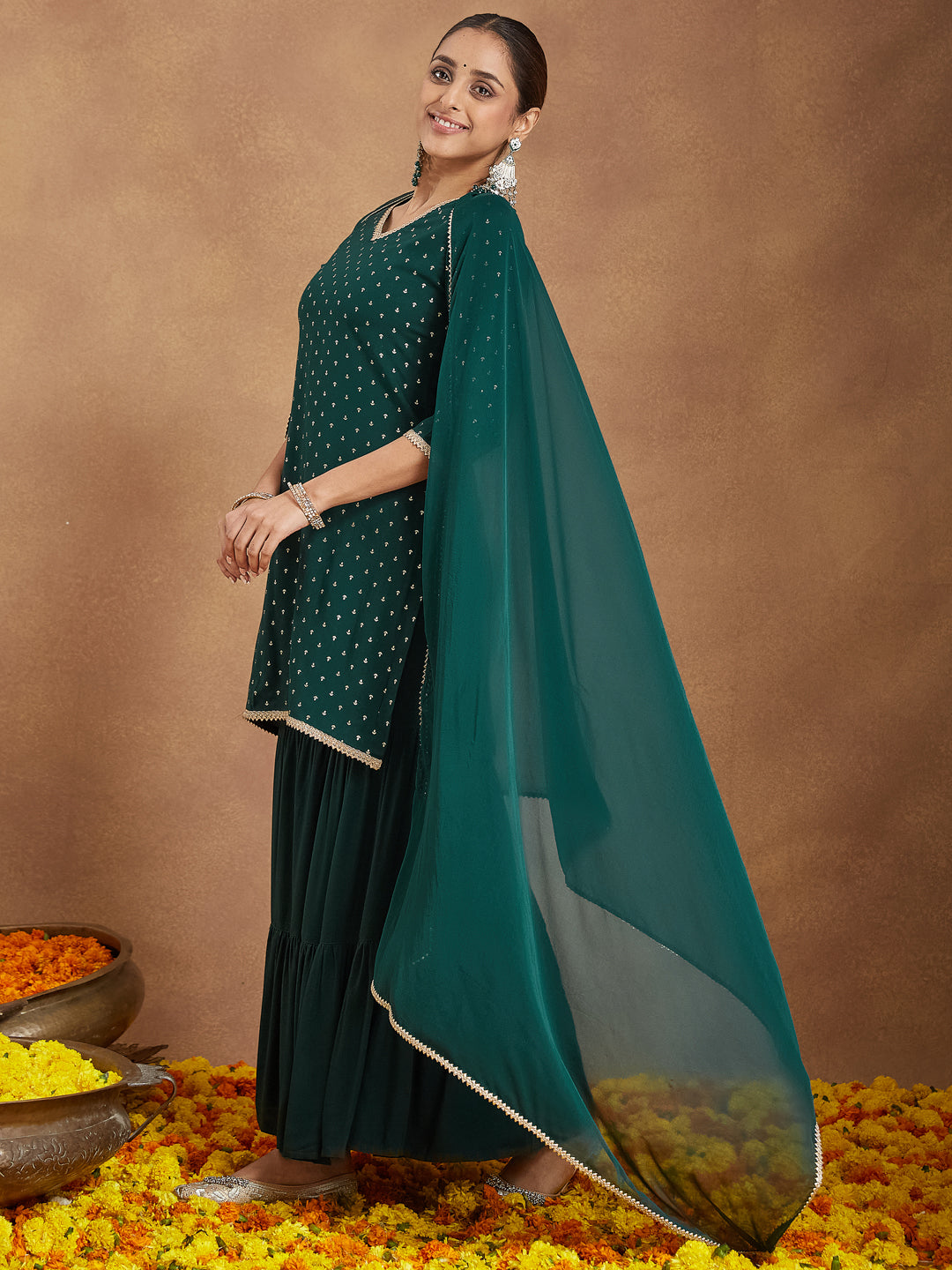 Ninnique Women's Dark Green Rayon Embellished Foil Printed Kurta With Sharara & Dupatta Set