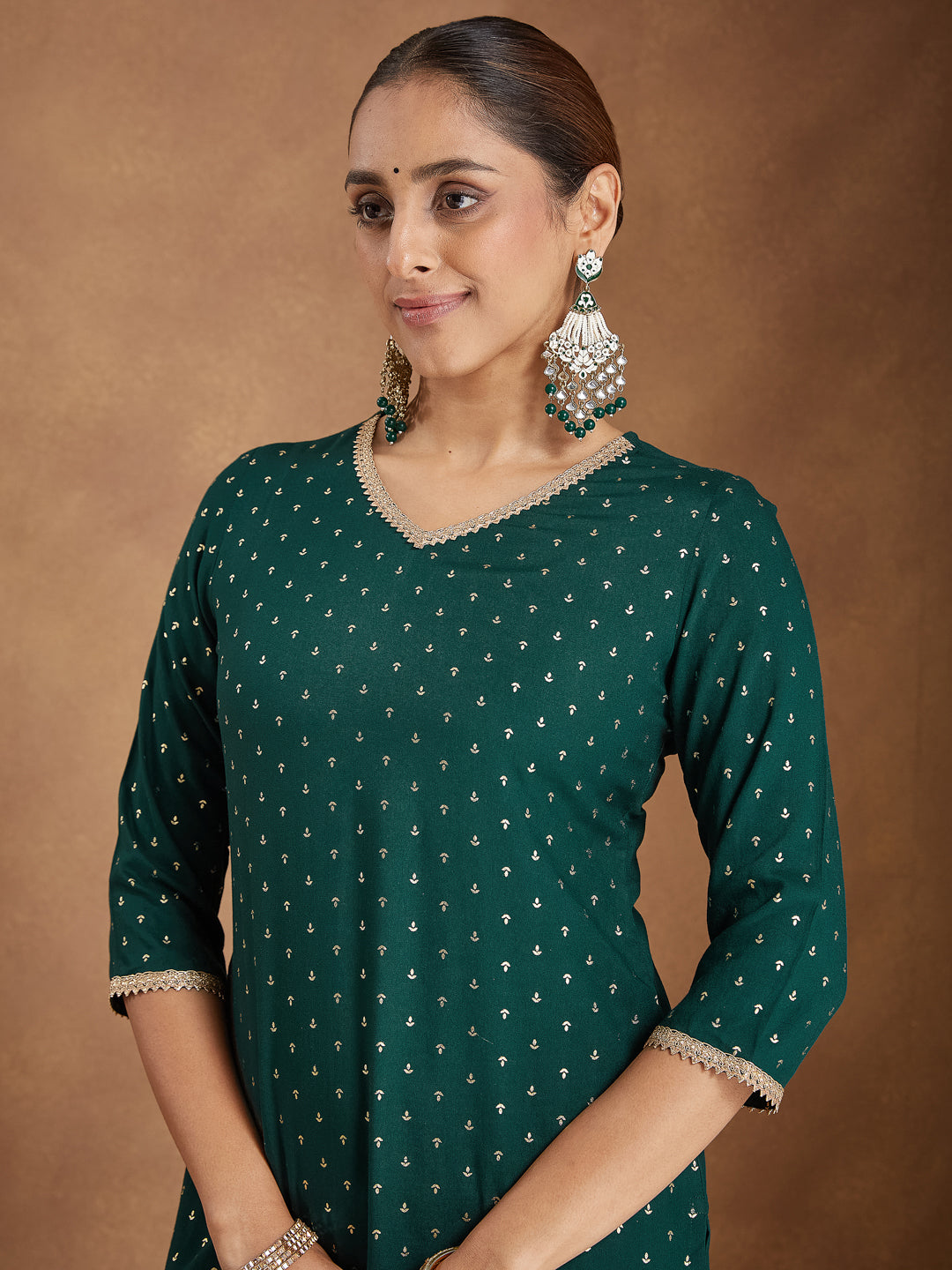 Ninnique Women's Dark Green Rayon Embellished Foil Printed Kurta With Sharara & Dupatta Set