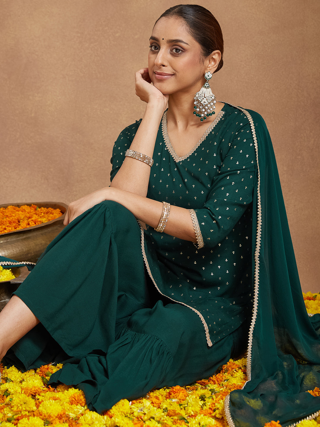 Ninnique Women's Dark Green Rayon Embellished Foil Printed Kurta With Sharara & Dupatta Set