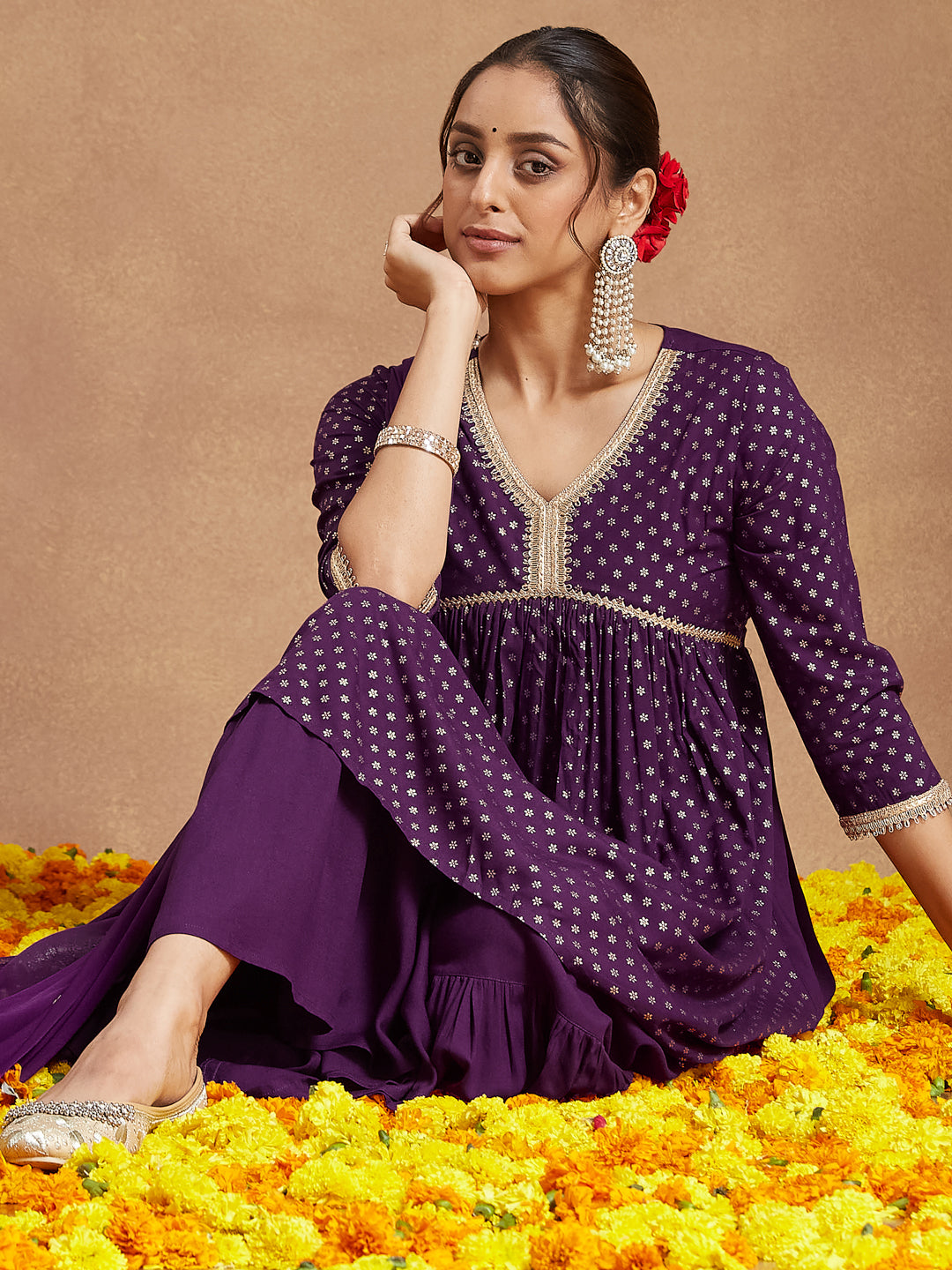 Ninnique Women's Purple Rayon Gold Printed A-line Kurta With Sharara & Dupatta Set