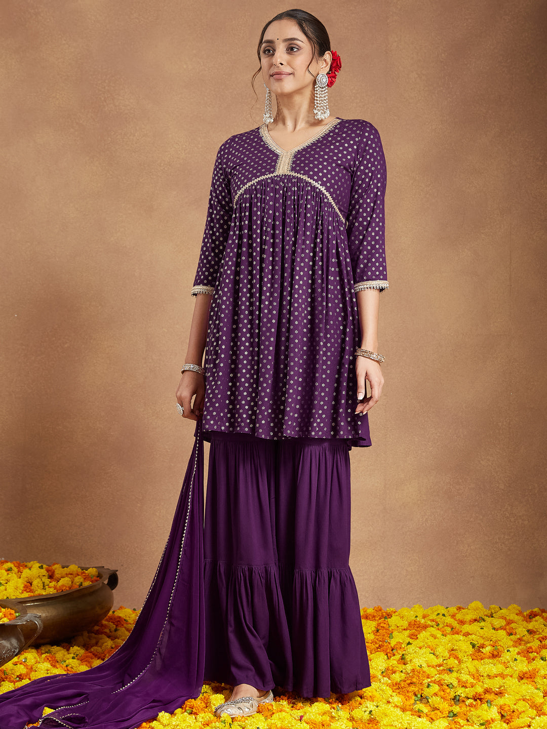 Ninnique Women's Purple Rayon Gold Printed A-line Kurta With Sharara & Dupatta Set