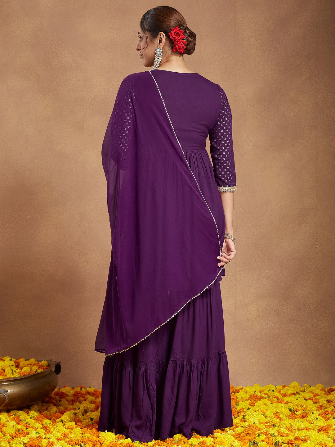 Ninnique Women's Purple Rayon Gold Printed A-line Kurta With Sharara & Dupatta Set
