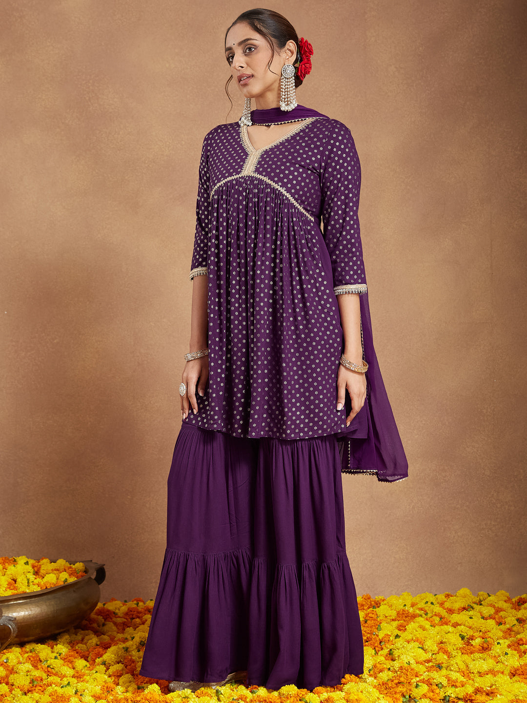 Ninnique Women's Purple Rayon Gold Printed A-line Kurta With Sharara & Dupatta Set