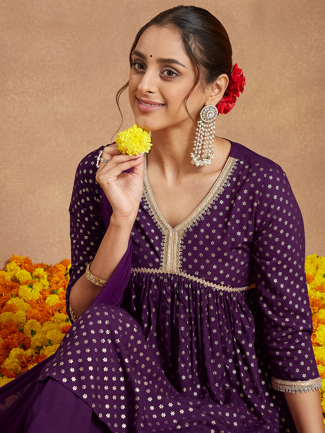 Ninnique Women's Purple Rayon Gold Printed A-line Kurta With Sharara & Dupatta Set