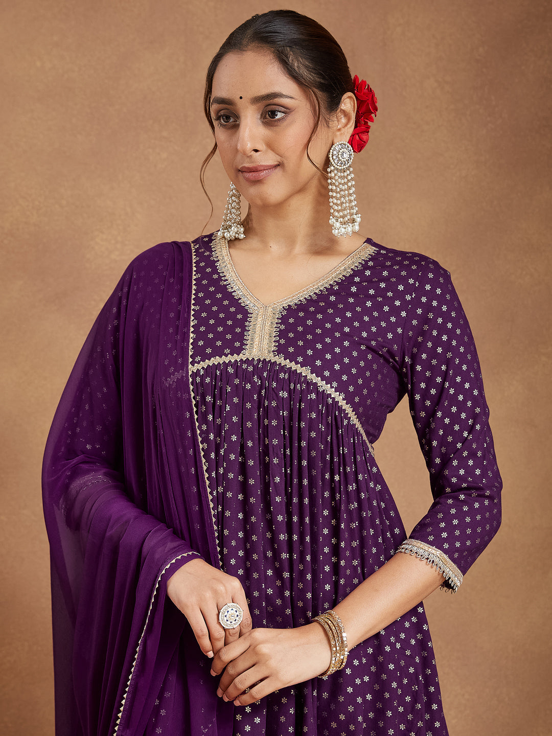 Ninnique Women's Purple Rayon Gold Printed A-line Kurta With Sharara & Dupatta Set