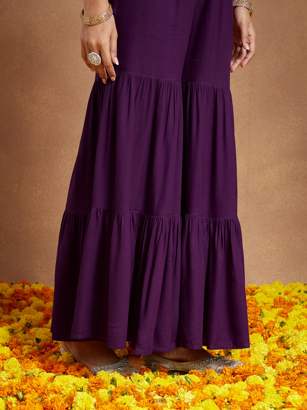 Ninnique Women's Purple Rayon Gold Printed A-line Kurta With Sharara & Dupatta Set