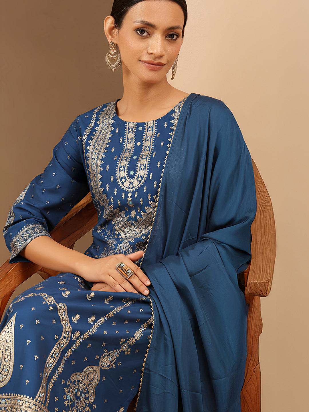 Ninnique Women's Teal Blue Silk Blend Ethnic Gold Printed Straight Kurta Set