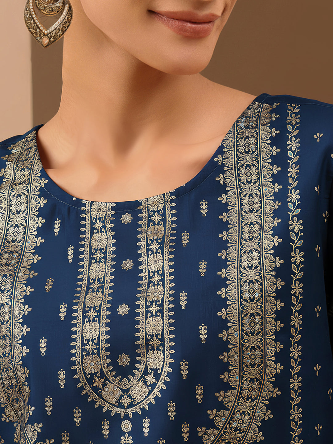 Ninnique Women's Teal Blue Silk Blend Ethnic Gold Printed Straight Kurta Set
