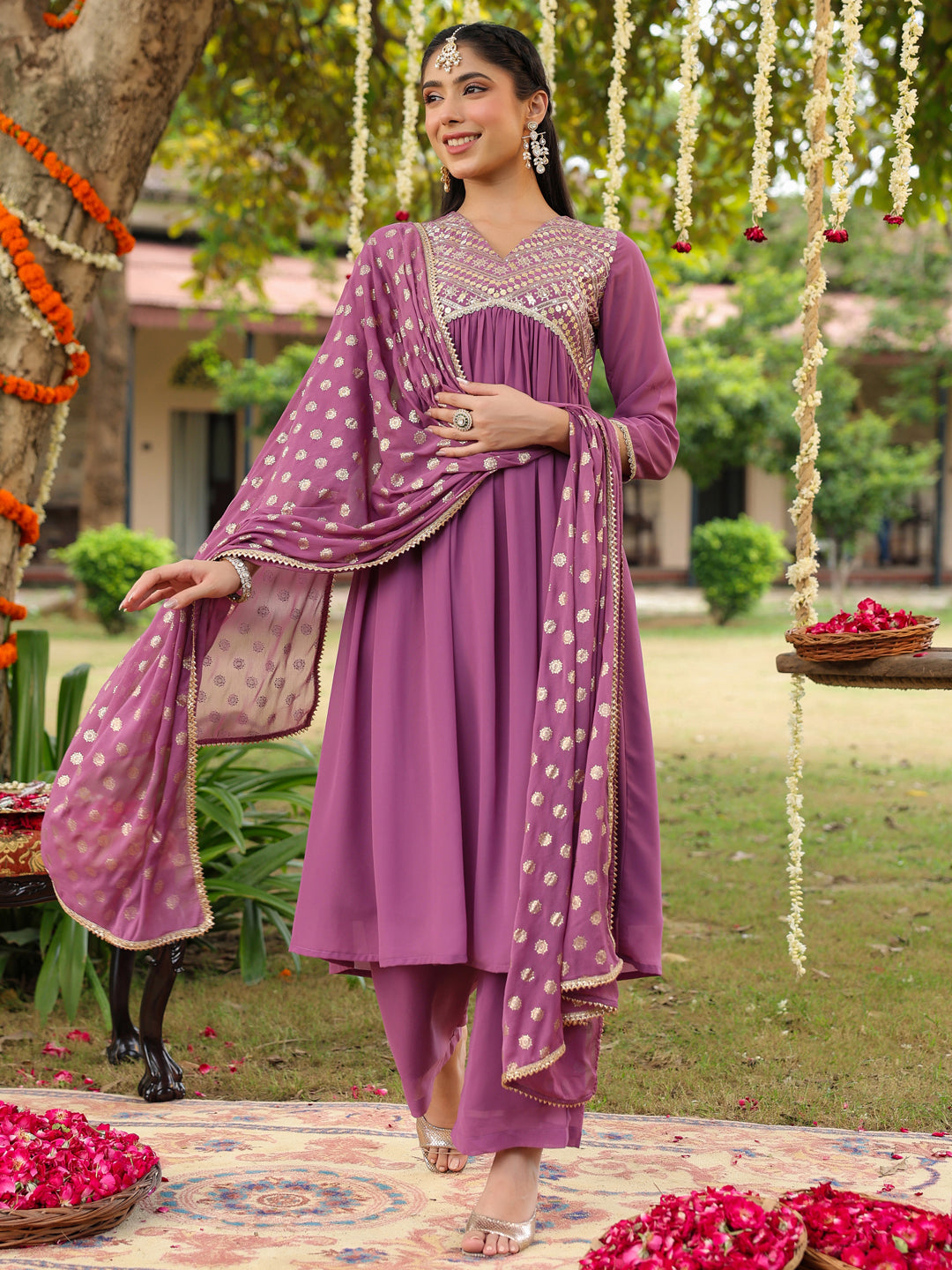 Ninnique Women's Lavender Georgette Embellished A-line Kurta With Palazzo & Dupatta Set