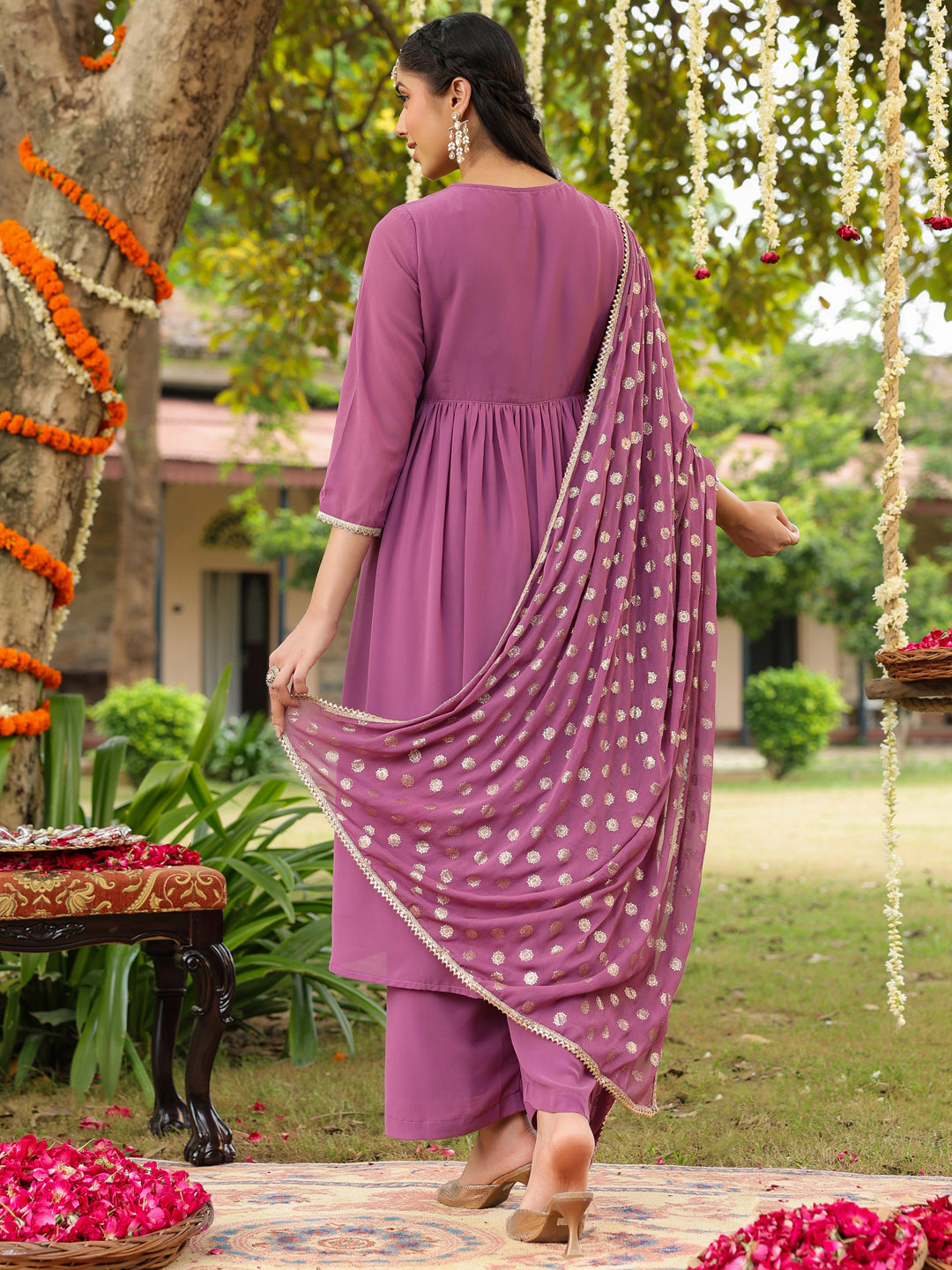 Ninnique Women's Lavender Georgette Embellished A-line Kurta With Palazzo & Dupatta Set