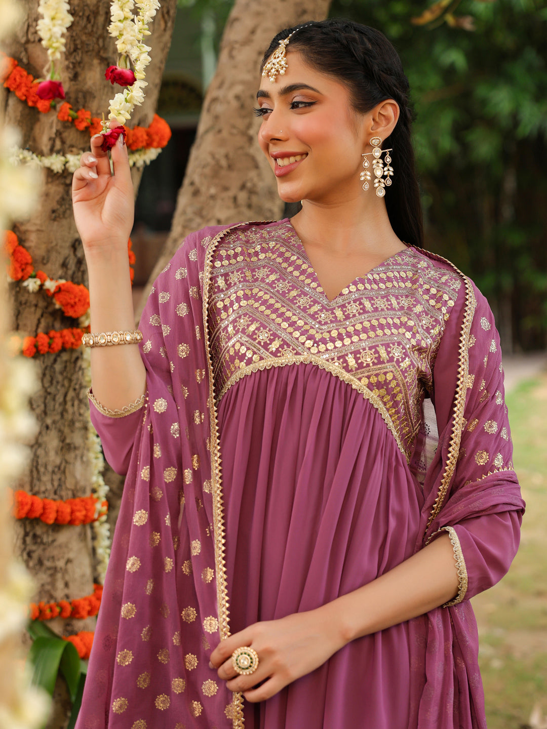 Ninnique Women's Lavender Georgette Embellished A-line Kurta With Palazzo & Dupatta Set
