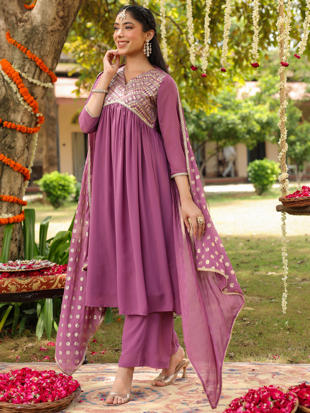 Ninnique Women's Lavender Georgette Embellished A-line Kurta With Palazzo & Dupatta Set
