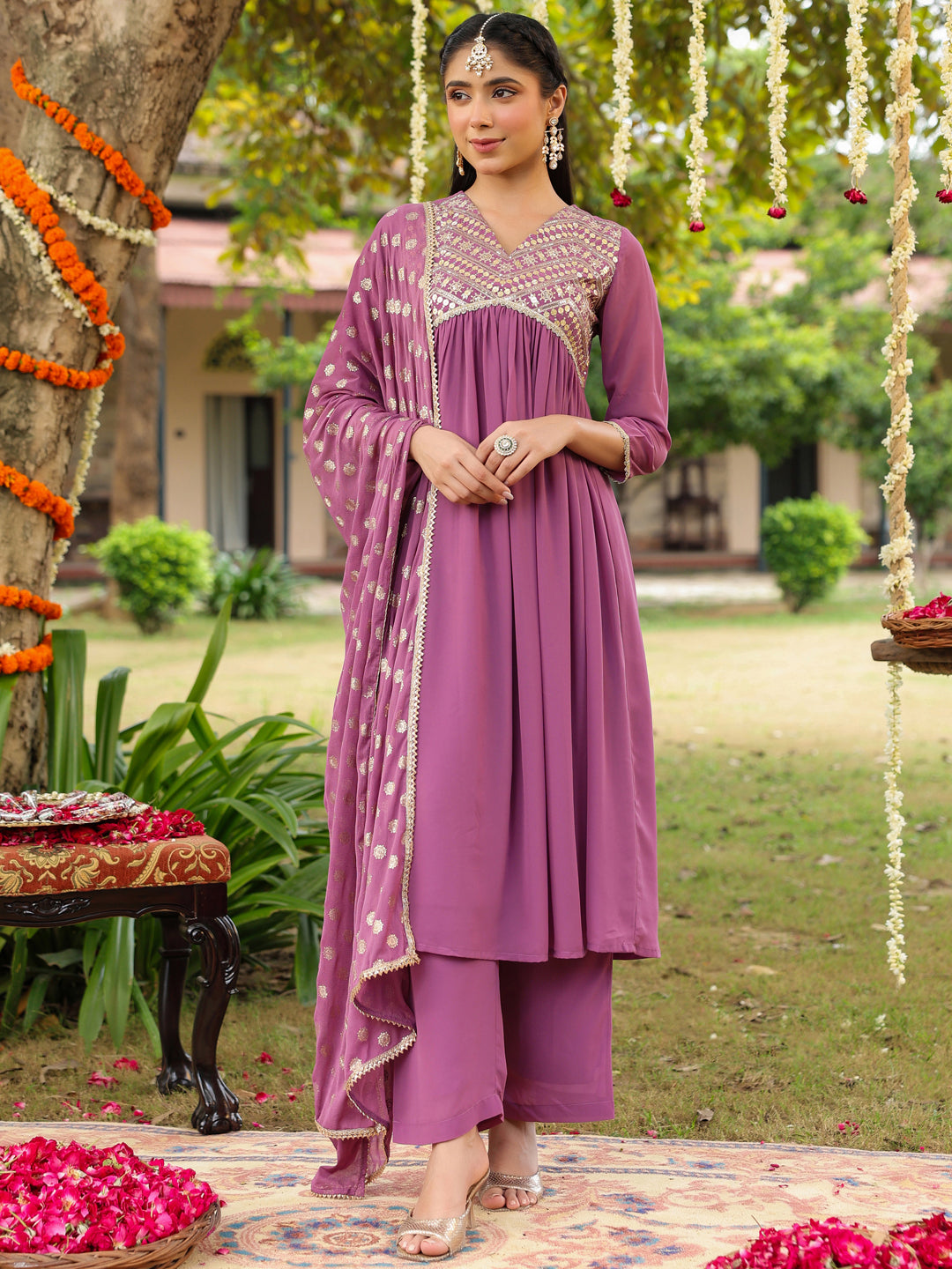 Ninnique Women's Lavender Georgette Embellished A-line Kurta With Palazzo & Dupatta Set