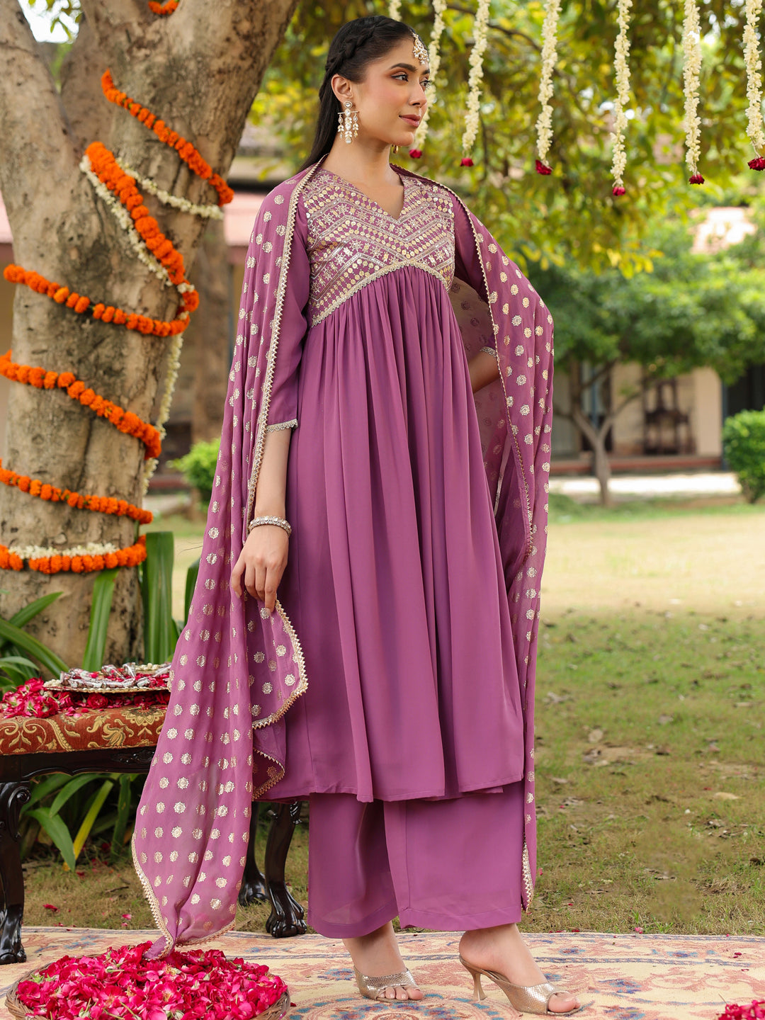 Ninnique Women's Lavender Georgette Embellished A-line Kurta With Palazzo & Dupatta Set