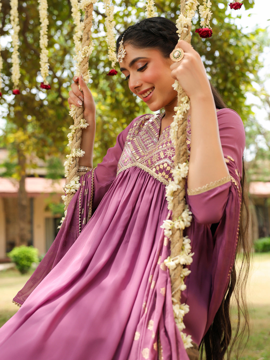 Ninnique Women's Lavender Georgette Embellished A-line Kurta With Palazzo & Dupatta Set