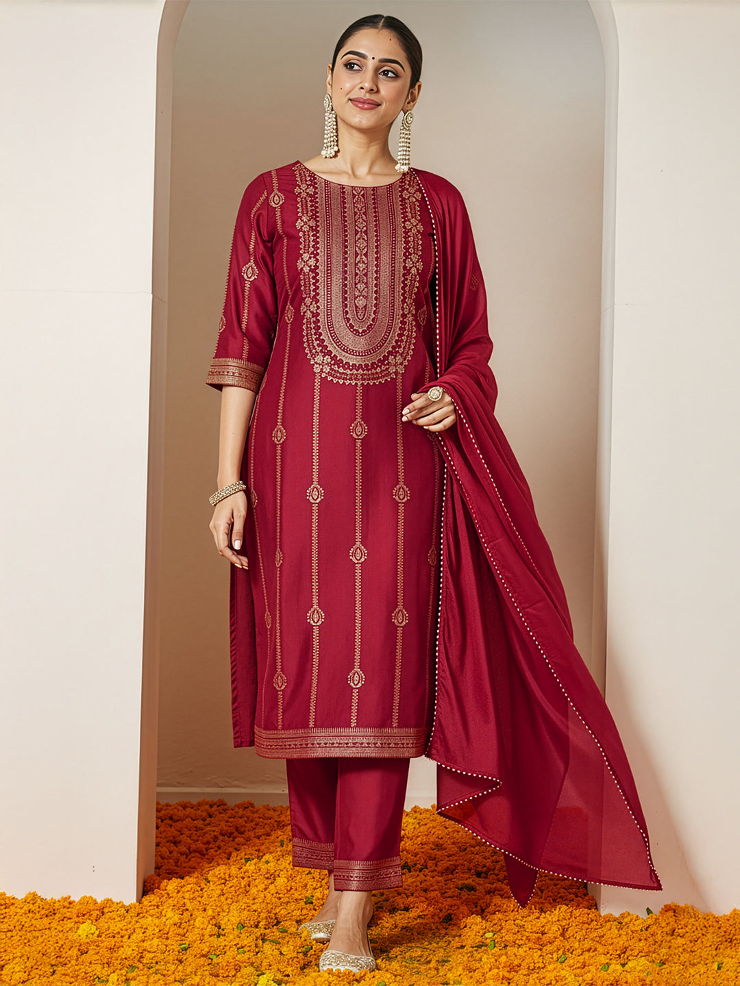 Ninnique Women's Maroon Silk Blend Gold Printed Straight Kurta Set