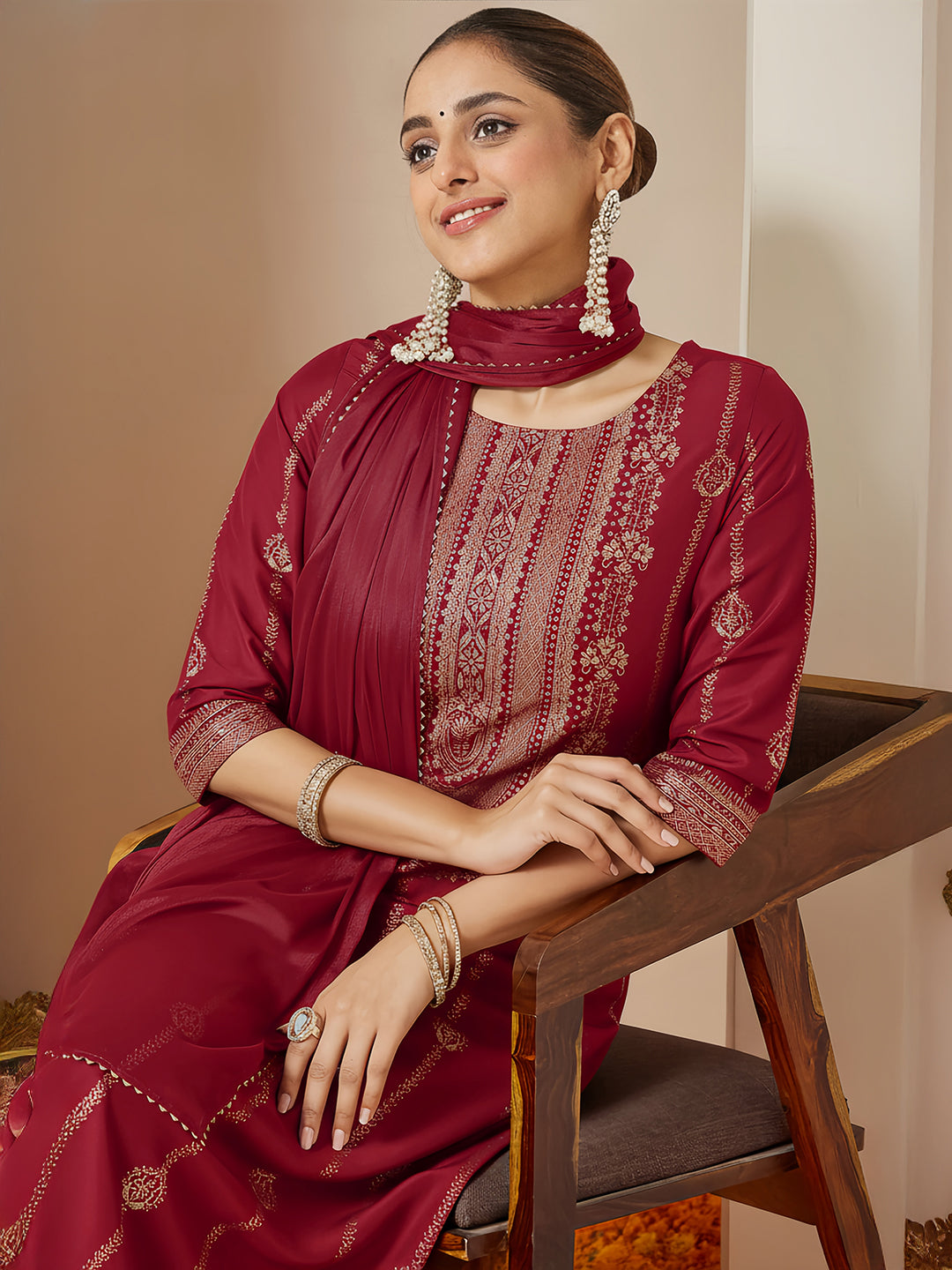Ninnique Women's Maroon Silk Blend Gold Printed Straight Kurta Set
