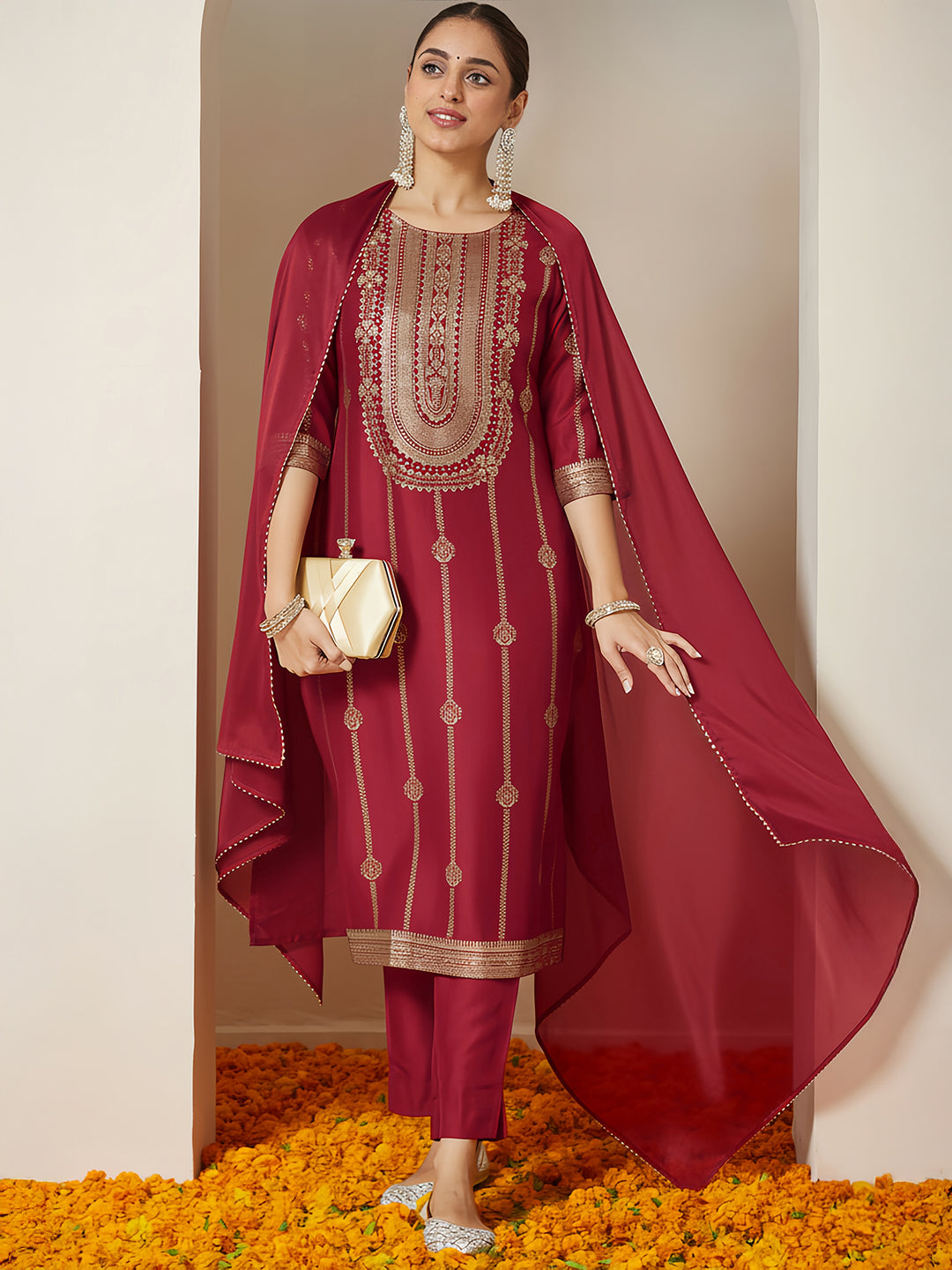 Ninnique Women's Maroon Silk Blend Gold Printed Straight Kurta Set