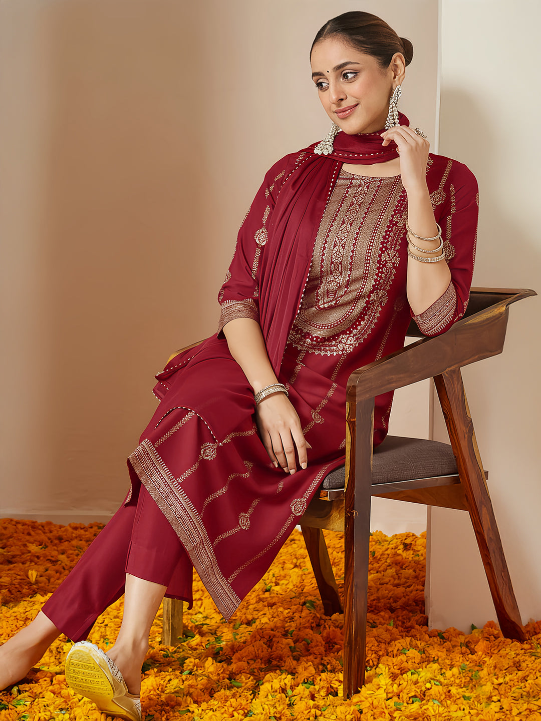 Ninnique Women's Maroon Silk Blend Gold Printed Straight Kurta Set