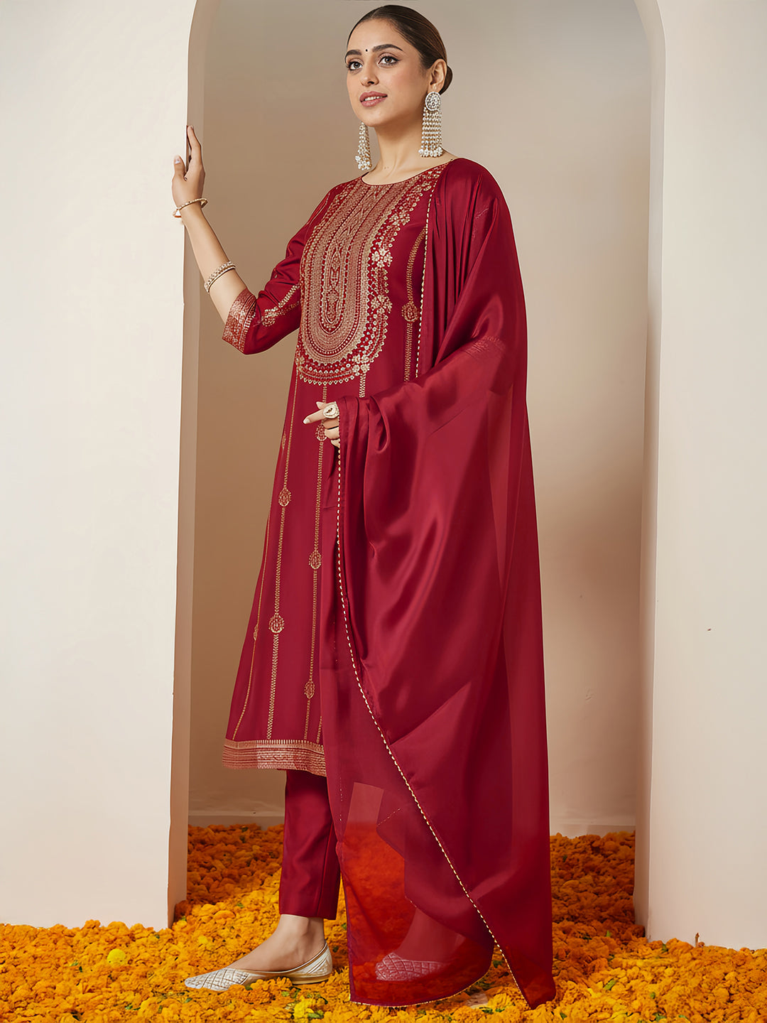 Ninnique Women's Maroon Silk Blend Gold Printed Straight Kurta Set