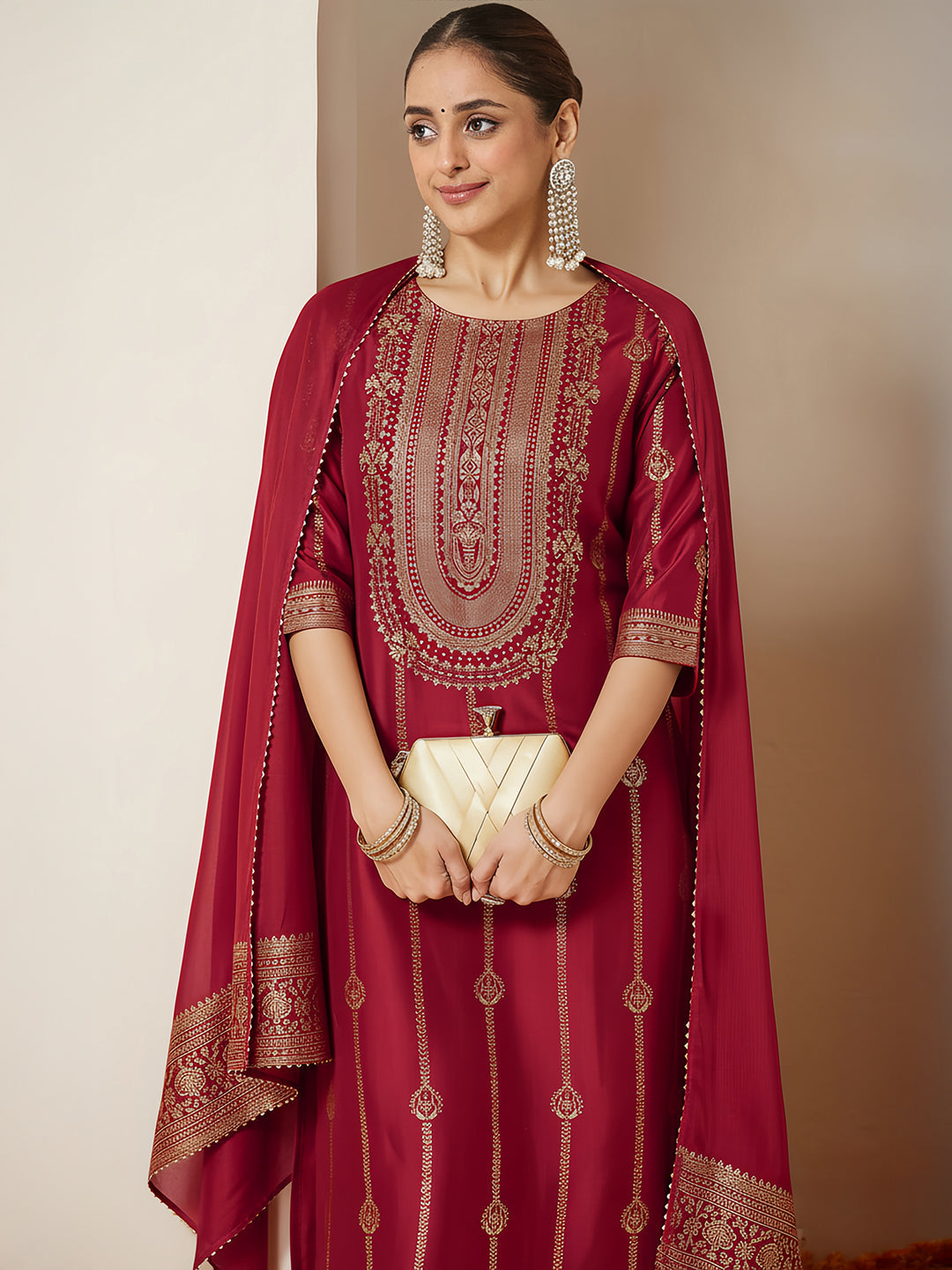Ninnique Women's Maroon Silk Blend Gold Printed Straight Kurta Set