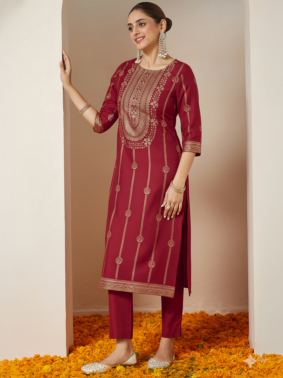 Ninnique Women's Maroon Silk Blend Gold Printed Straight Kurta Set
