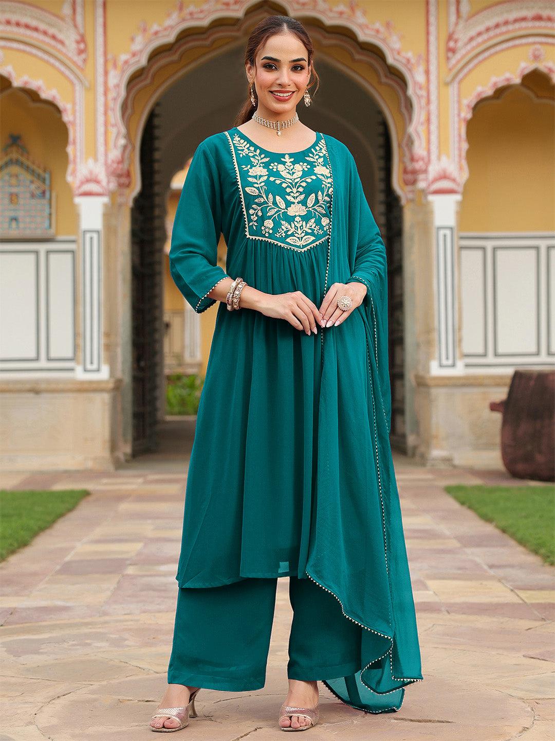 Ninnique Women's Teal Green Georgette Embroidered A-line Kurta With Palazzo Dupatta Set