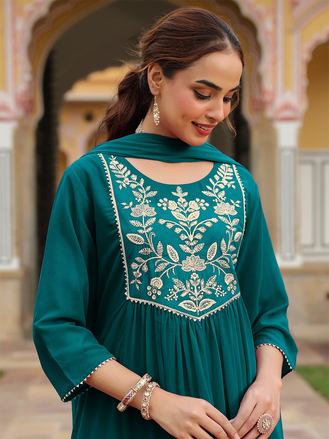 Ninnique Women's Teal Green Georgette Embroidered A-line Kurta With Palazzo Dupatta Set